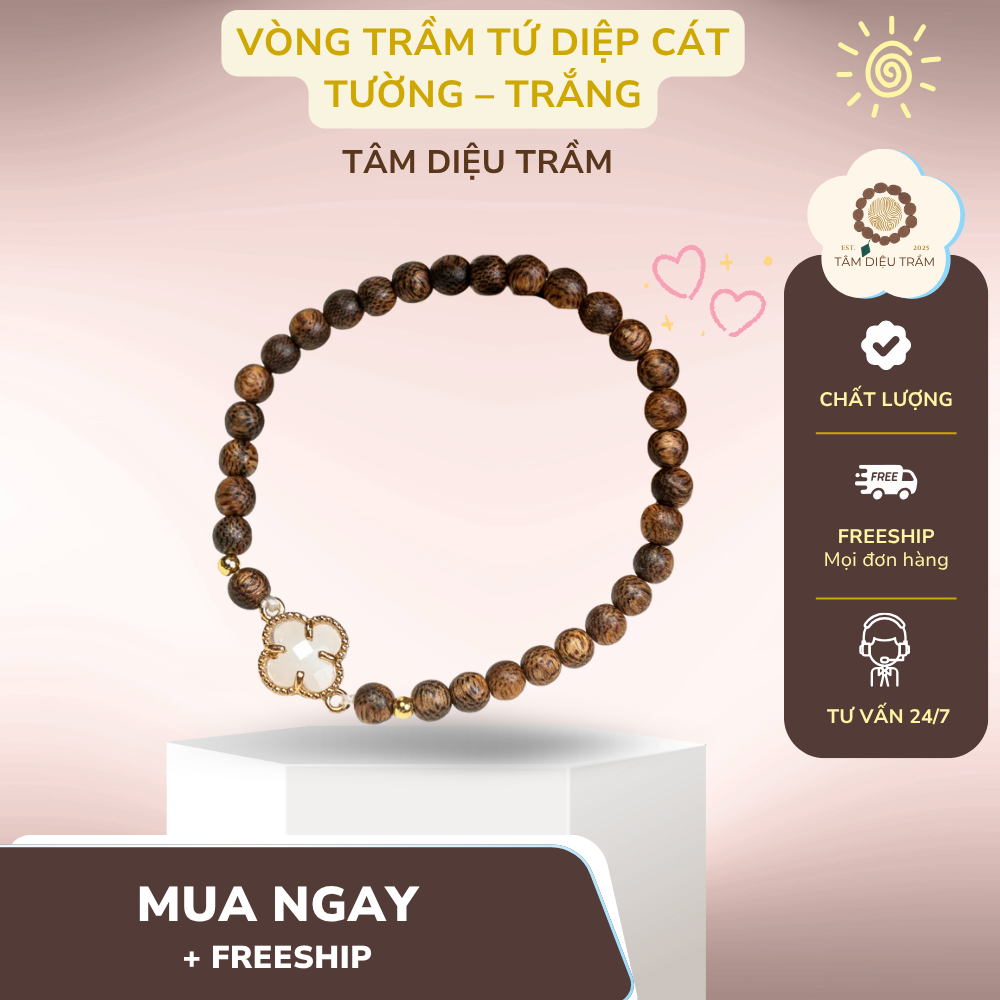 Vòng trầm hương Tứ Diệp Cát Tường trắng, mang năng lượng may mắn và thanh lọc tâm trí